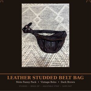 Vintage Leather Studded Belt Bag | Dark Brown Boho Moto Fanny Pack